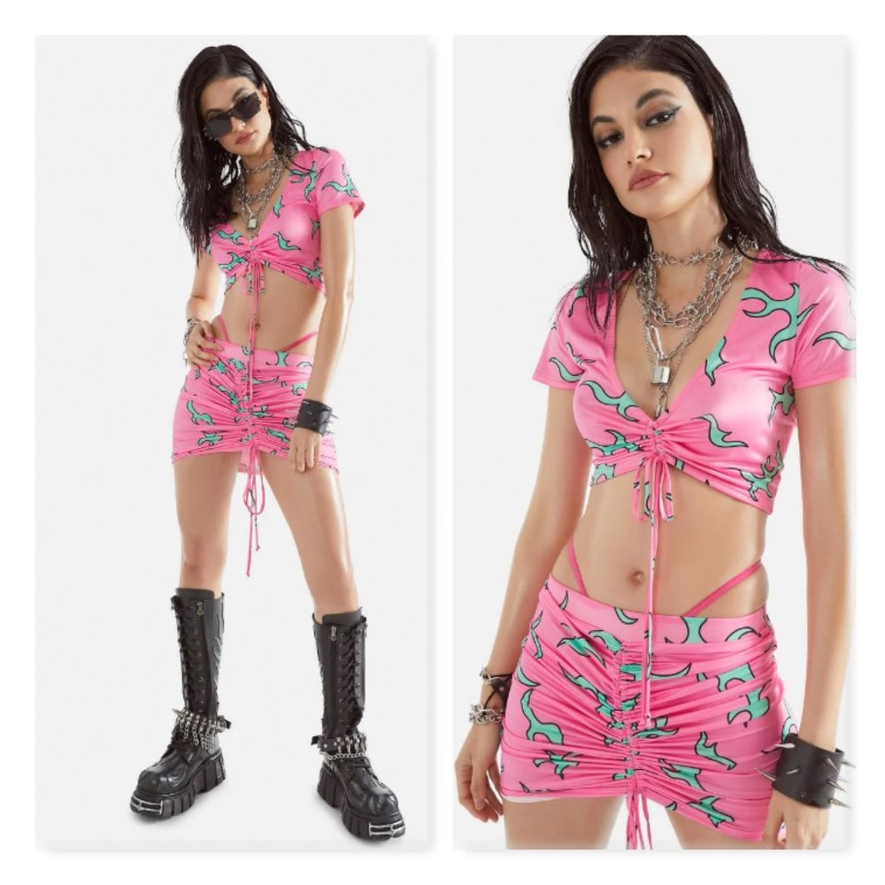 Blue Flame Pink Ruched Skirt Set